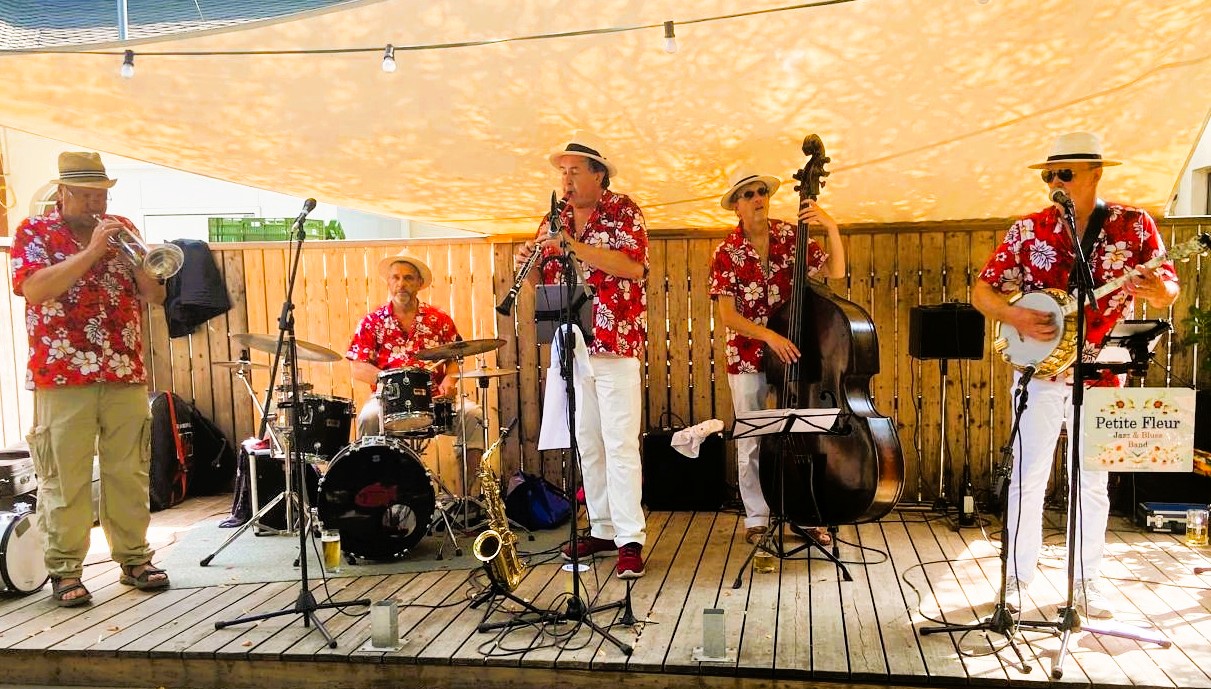 Fünf ältere männliche Musiker mit Instrumenten auf der Bühne im Hofgarten